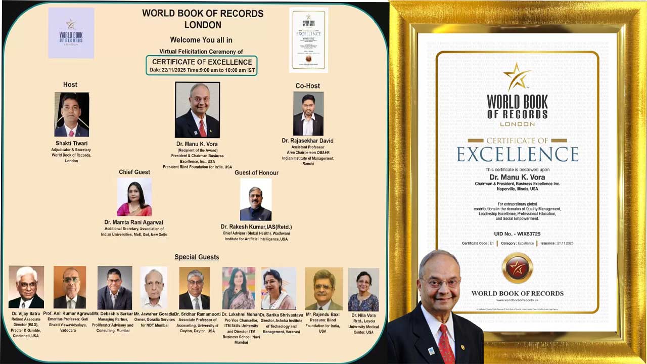 Blind Foundation for India Founder Dr. Manu Vora Receives Global Recognition