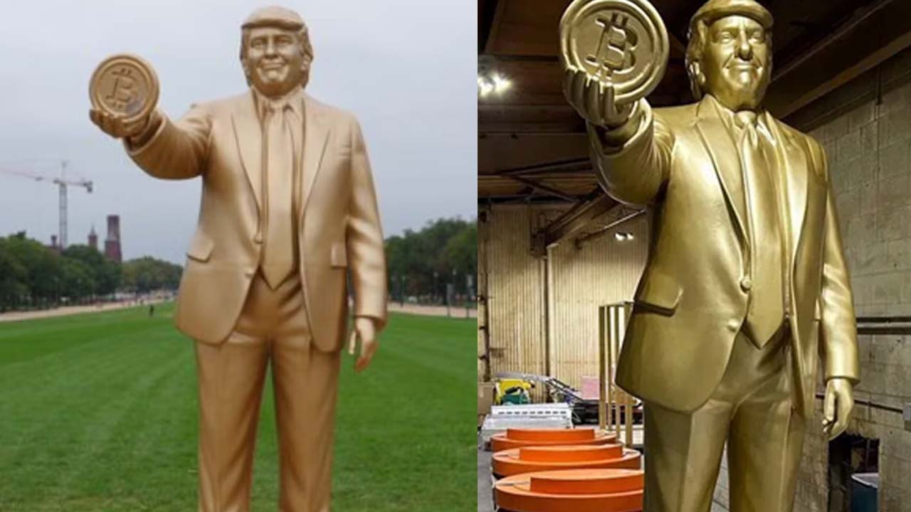 12 Foot Golden Trump Statue Holding Bitcoin Unveiled At US Capitol
